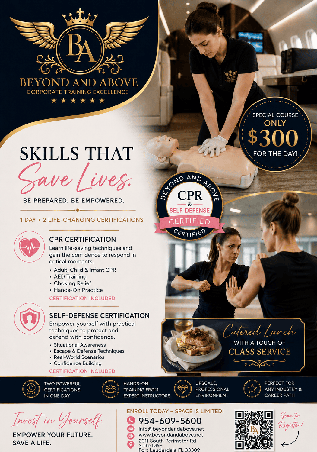 CPR, AED and Self Defense 1-Day Class flyer - Beyond and Above, $300, Saturday August 15 at Fort Lauderdale Executive Airport